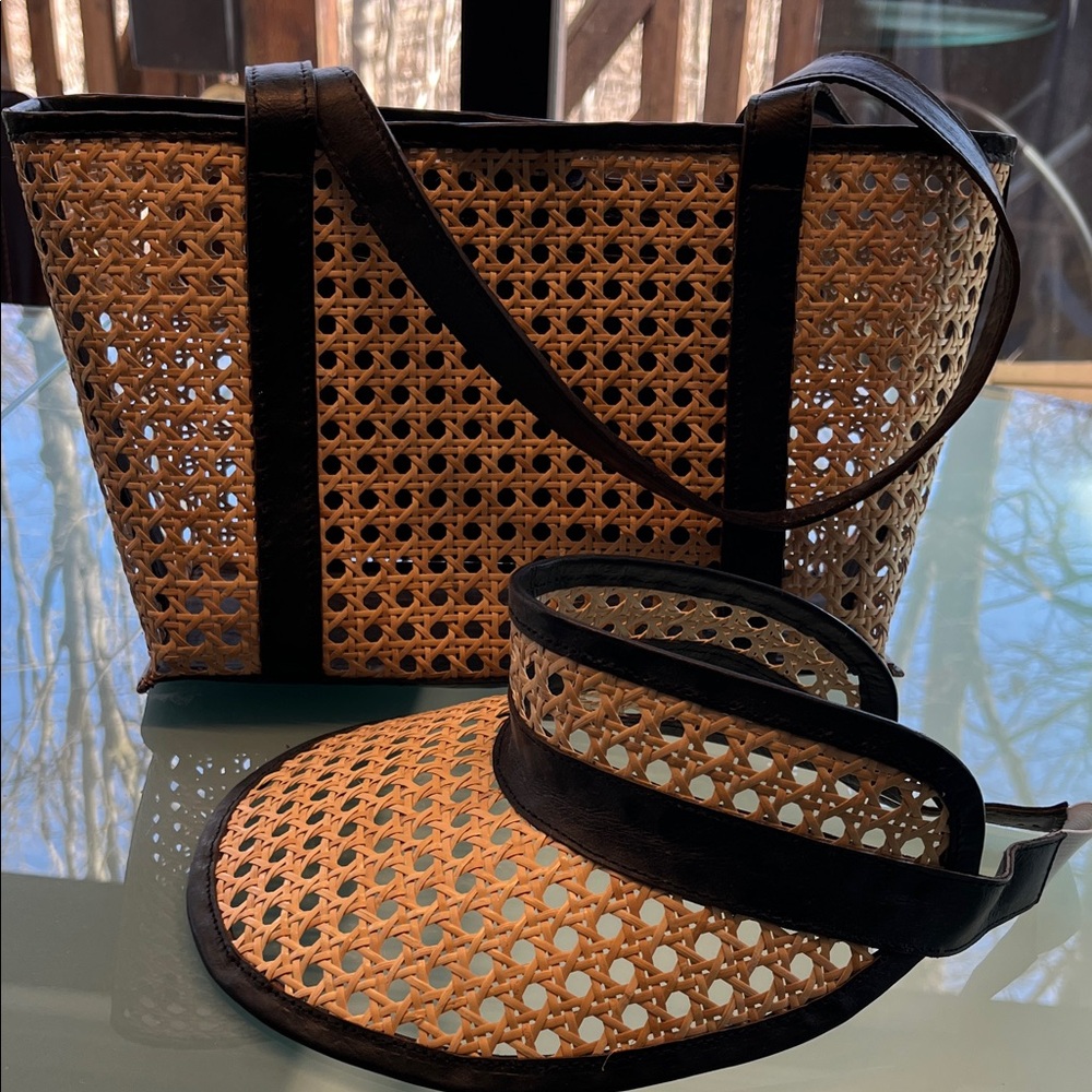 Woven Rattan Tote and Visor Set - Black Trim NWOT